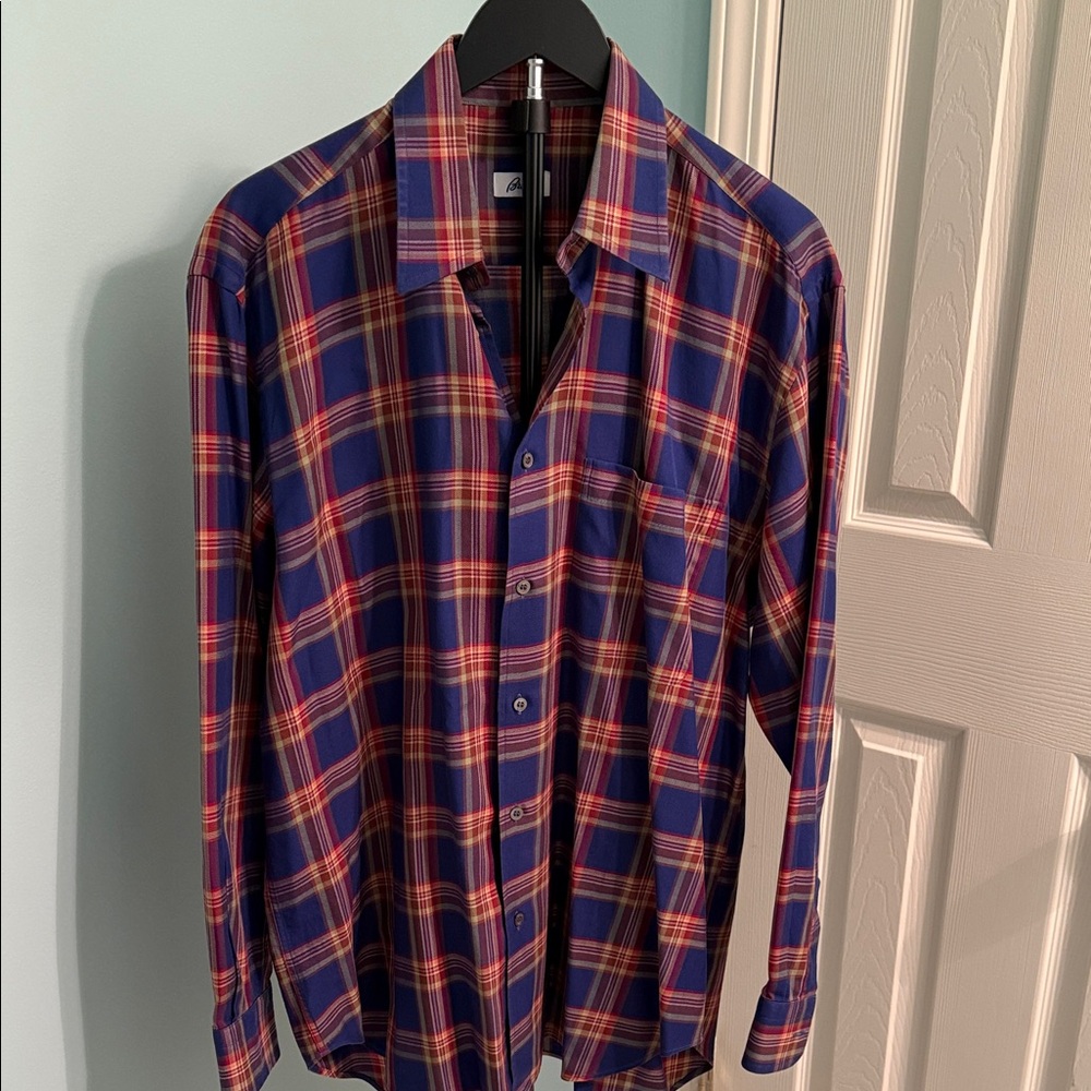 Brioni Men's Blue and Red Plaid Shirt
